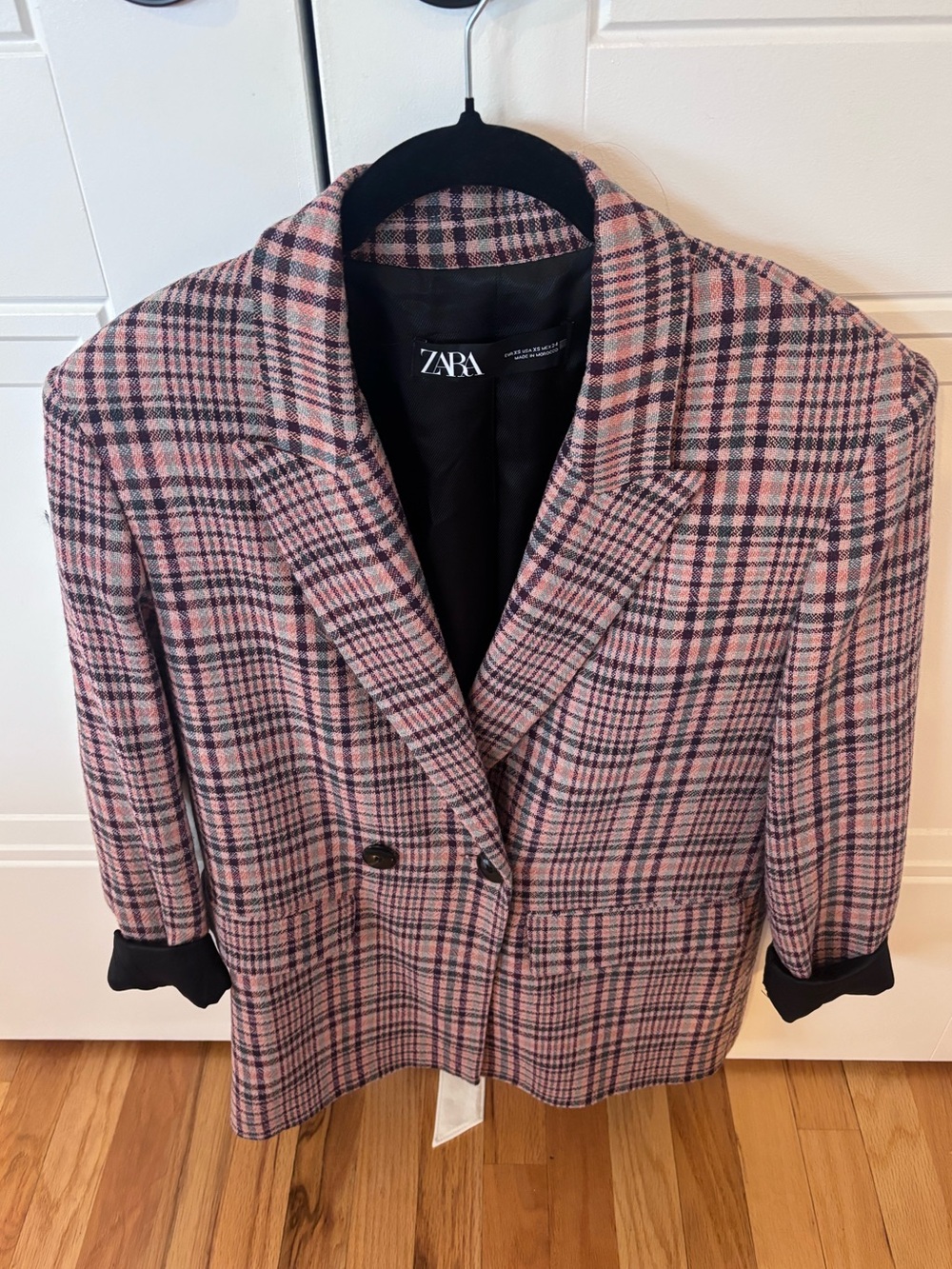 ZARA Pink & Black Plaid Double-Breasted Blazer